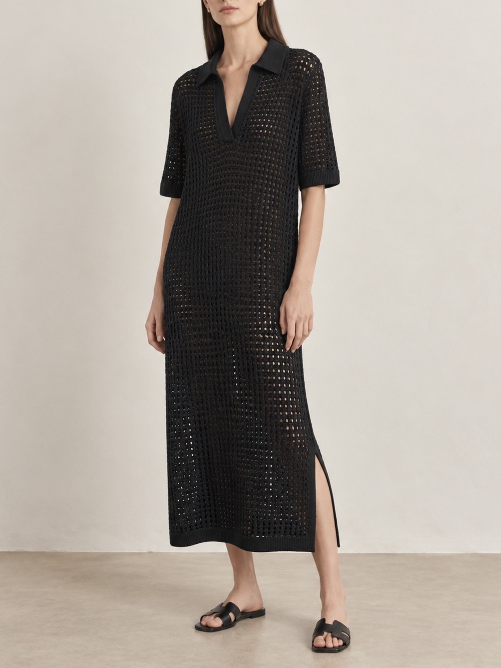 H&M Black Crochet Polo Swim Cover-Up Dress Size M
